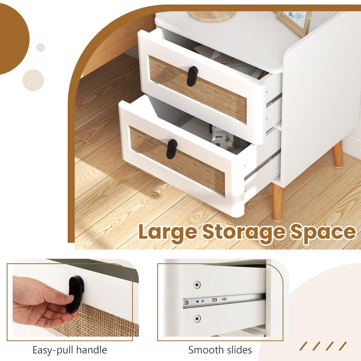 Modern End Table Bedside Table with 2 Rattan Decorated Drawers-White view 9