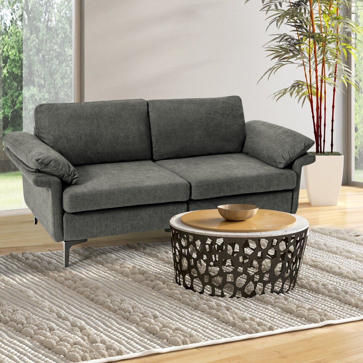 Modern Fabric Loveseat Sofa for with Metal Legs and Armrest Pillows-Gray view 3