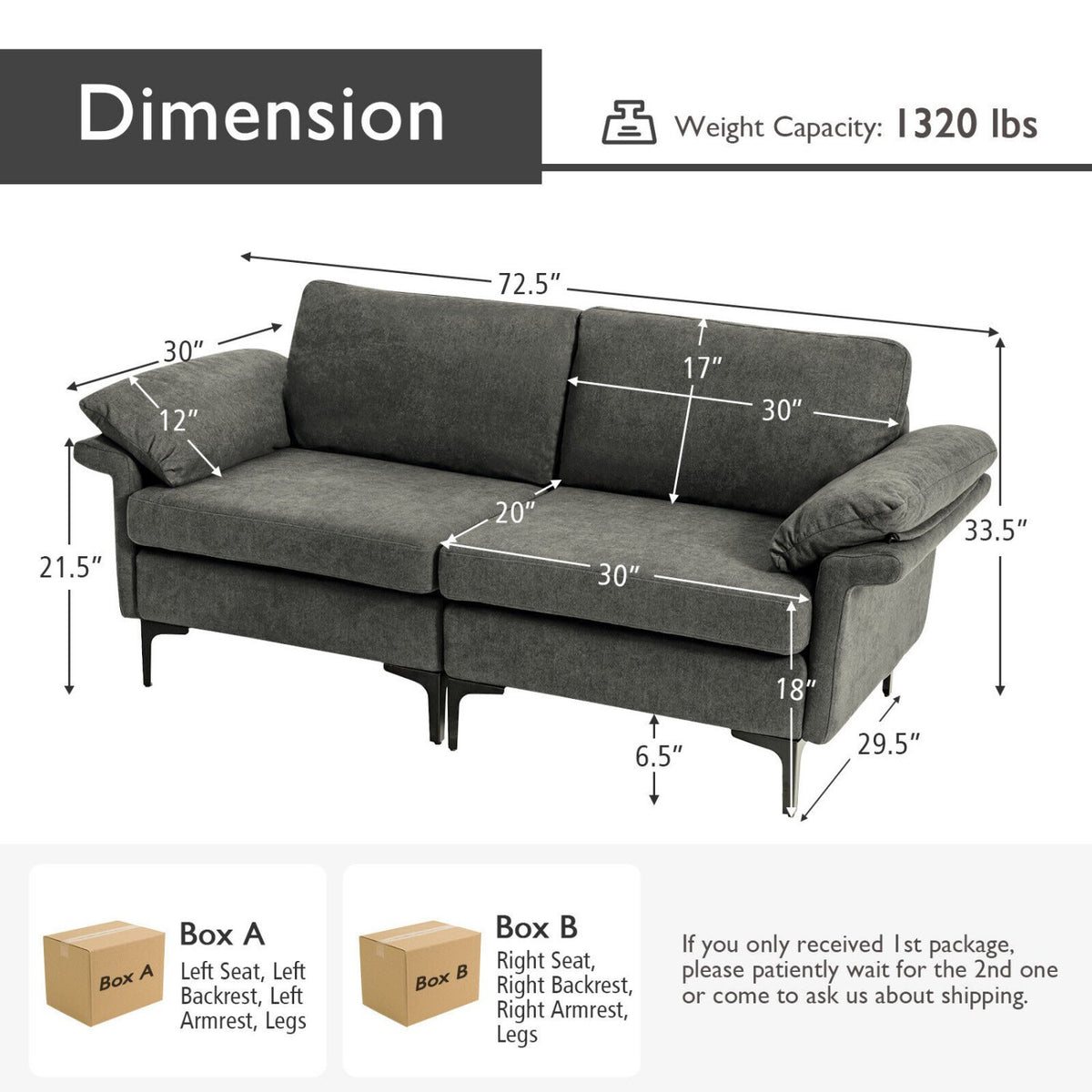 Modern Fabric Loveseat Sofa for with Metal Legs and Armrest Pillows-Gray view 5