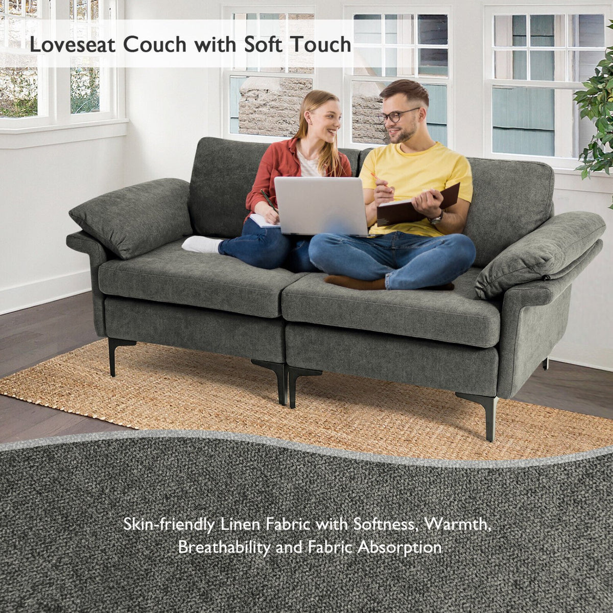 Modern Fabric Loveseat Sofa for with Metal Legs and Armrest Pillows-Gray view 6