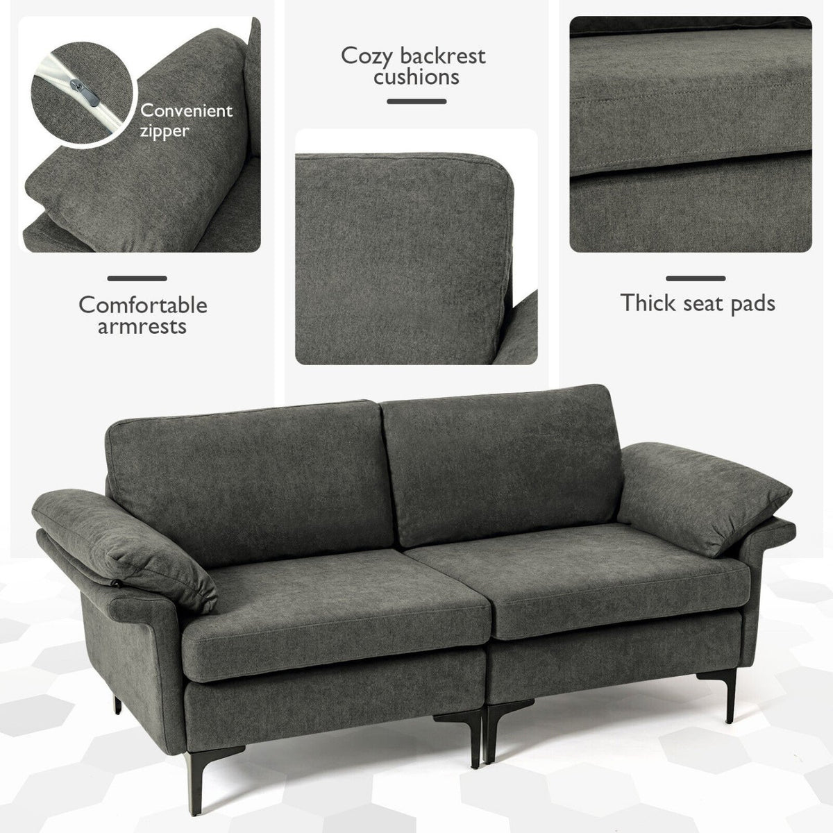 Modern Fabric Loveseat Sofa for with Metal Legs and Armrest Pillows-Gray view 9