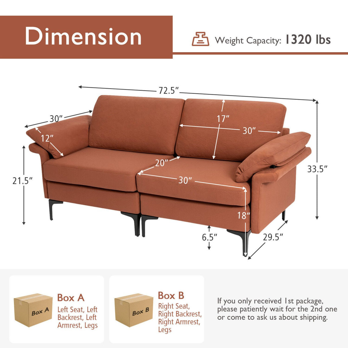 Modern Fabric Loveseat Sofa for with Metal Legs and Armrest Pillows-Rust Red view 5
