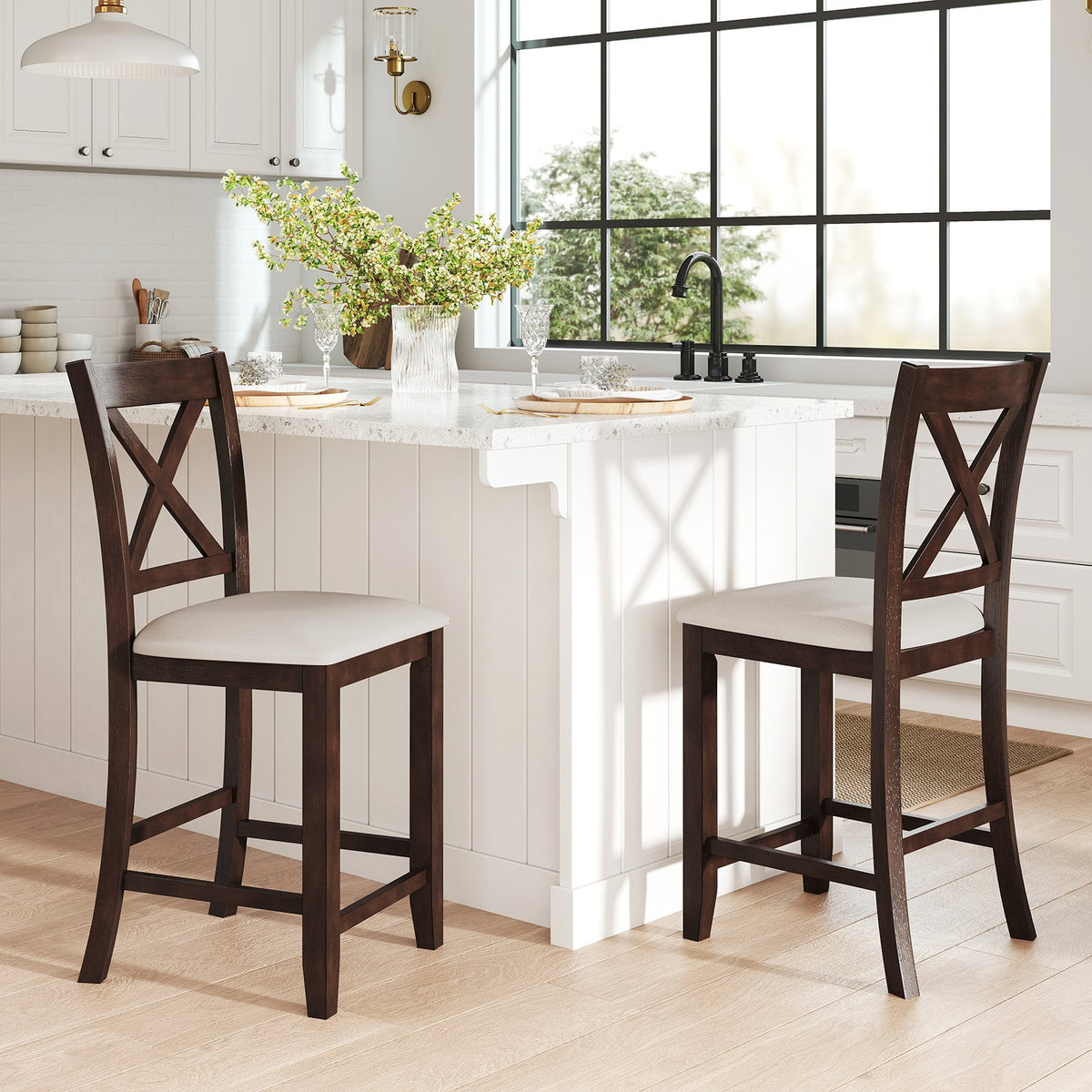 Modern Farmhouse Counter Height Stools with Footrest and Cushion-Walnut view 3
