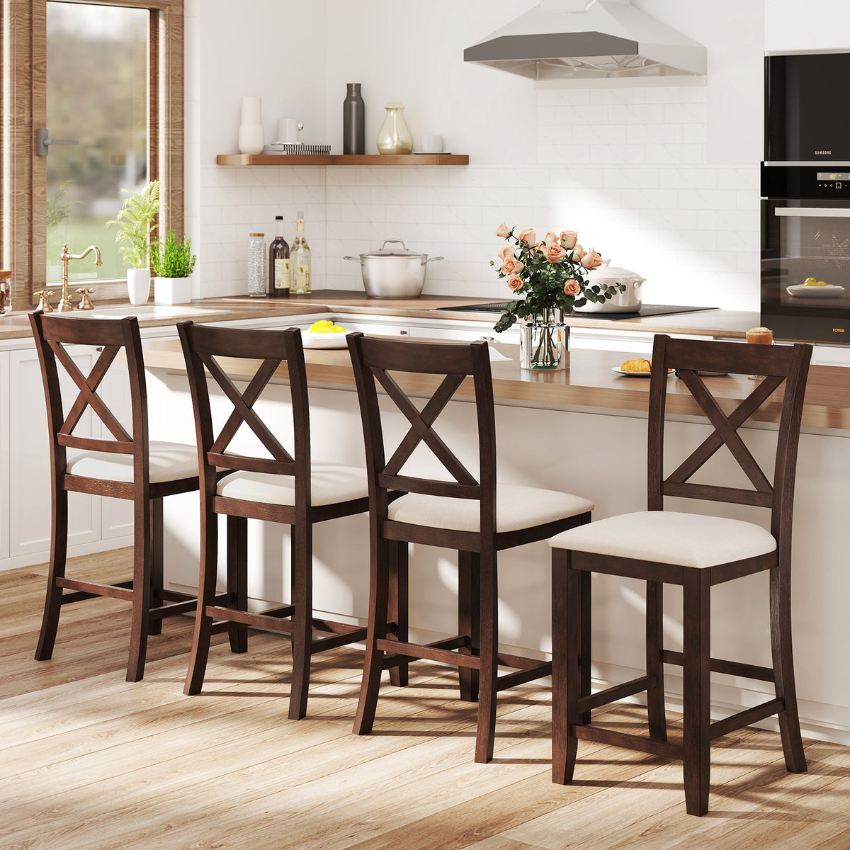 Modern Farmhouse Counter Height Stools with Footrest and Cushion-Walnut view 5