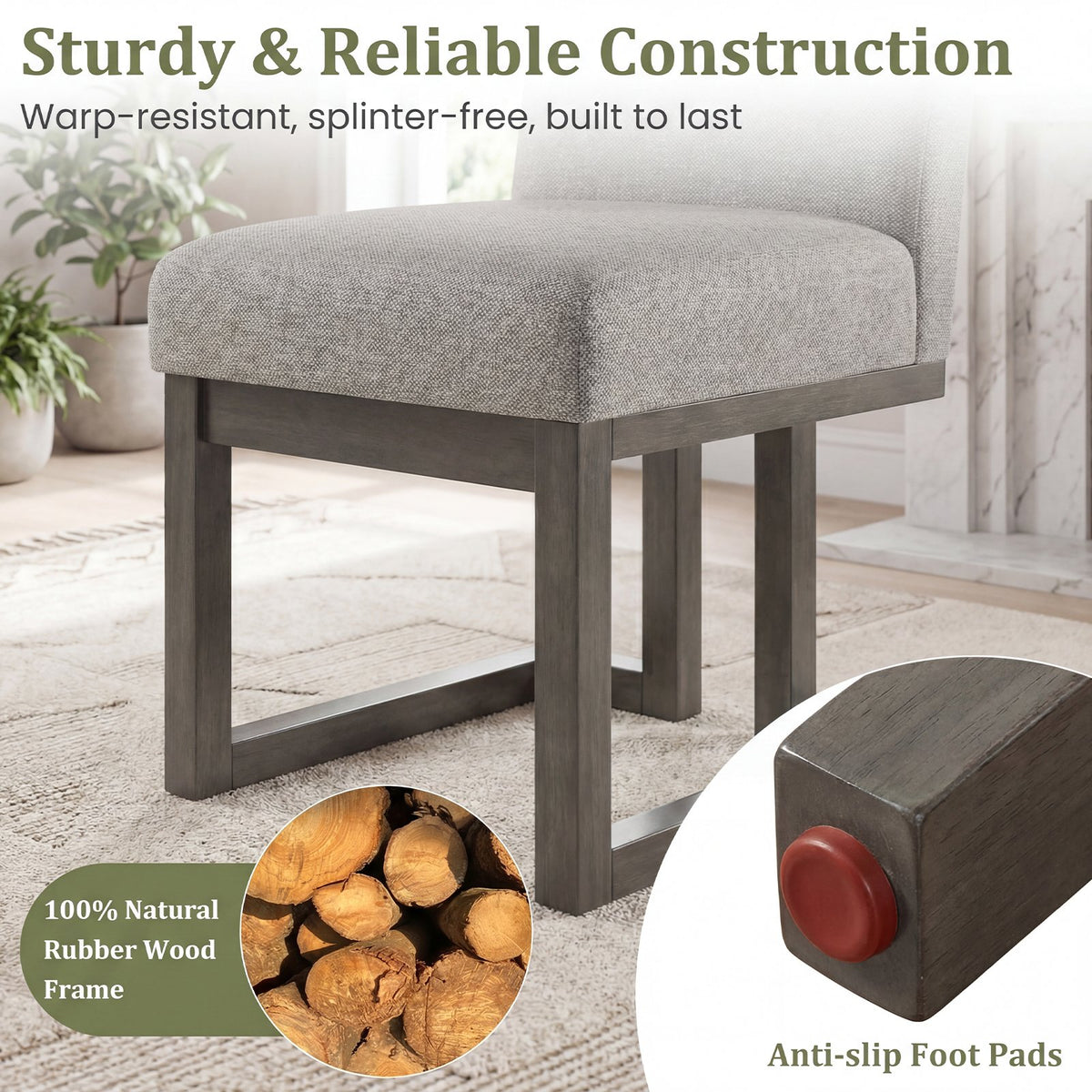 Modern Farmhouse Fabric Dining Chairs Set of 2 with 5.5 inches Thickened Padded Seat-Gray view 5