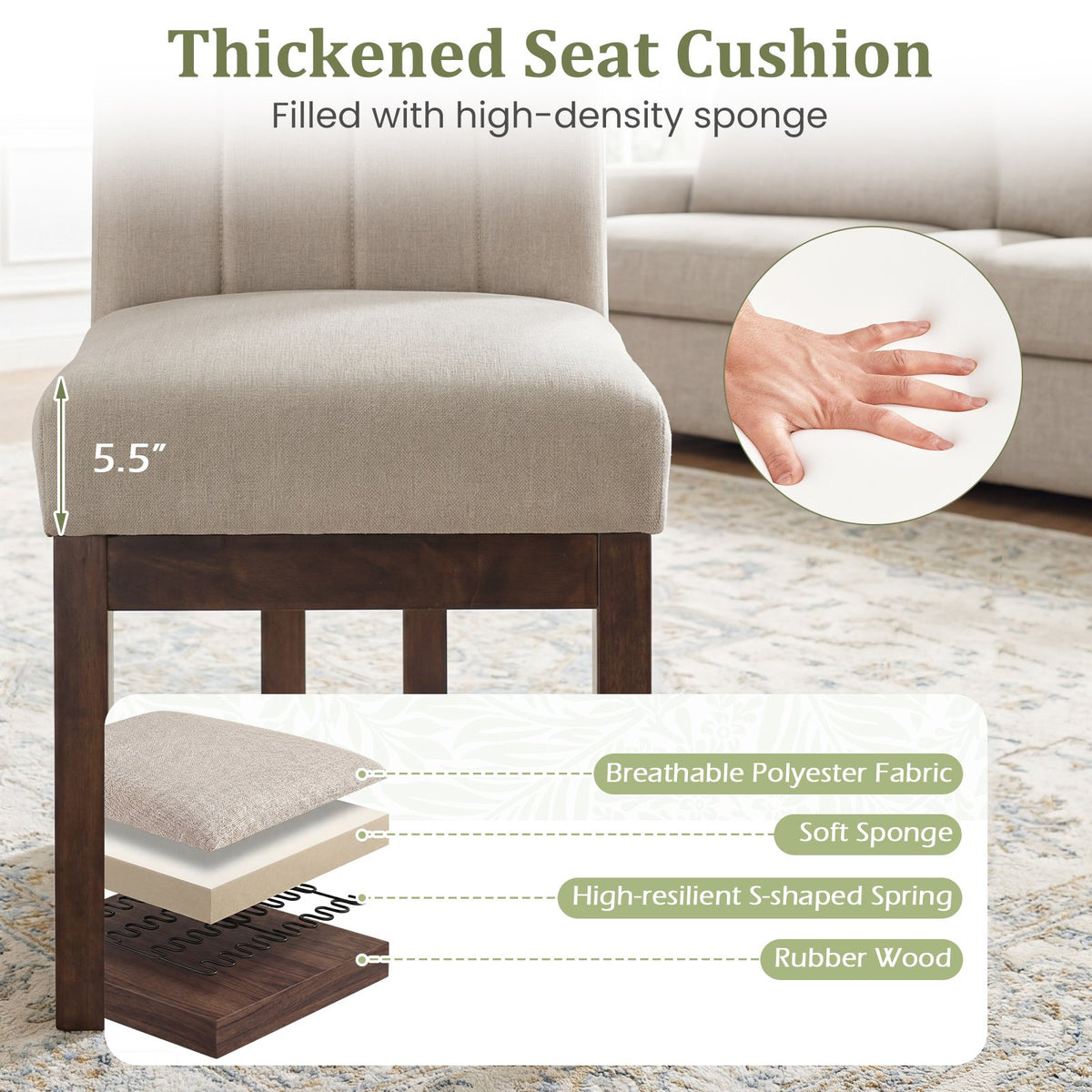 Modern Farmhouse Fabric Dining Chairs Set of 2 with 5.5 inches Thickened Padded Seat-Walnut view 6