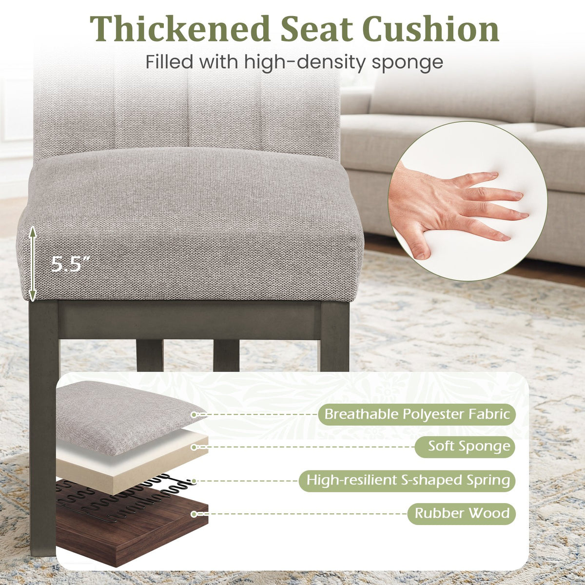 Modern Farmhouse Fabric Dining Chairs Set of 4 with 5.5 inches Thickened Padded Seat-Gray view 6