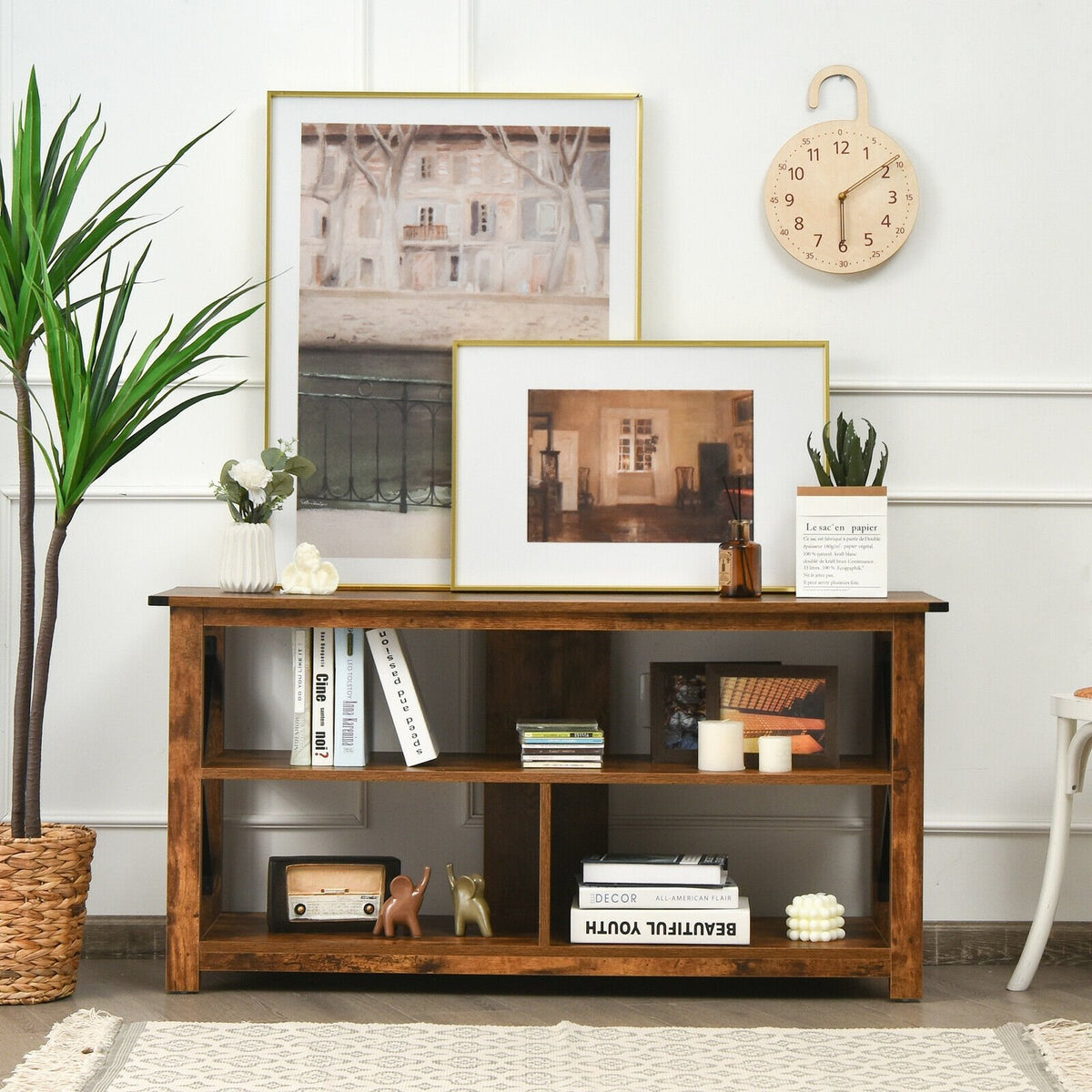 Modern Farmhouse TV Stand Entertainment Center for TV's up to 55-Inch with Open Shelves-Brown view 2