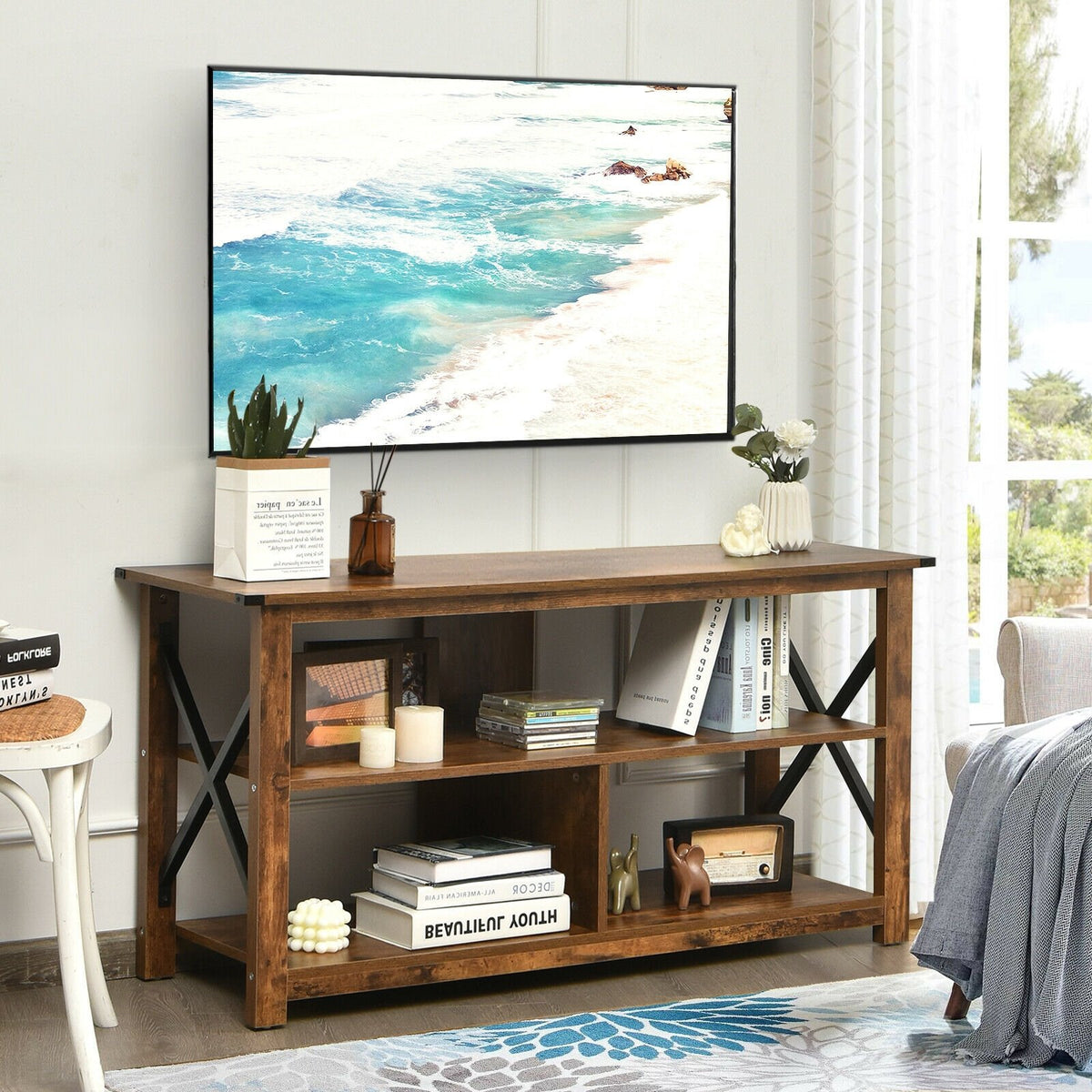 Modern Farmhouse TV Stand Entertainment Center for TV's up to 55-Inch with Open Shelves-Brown view 3