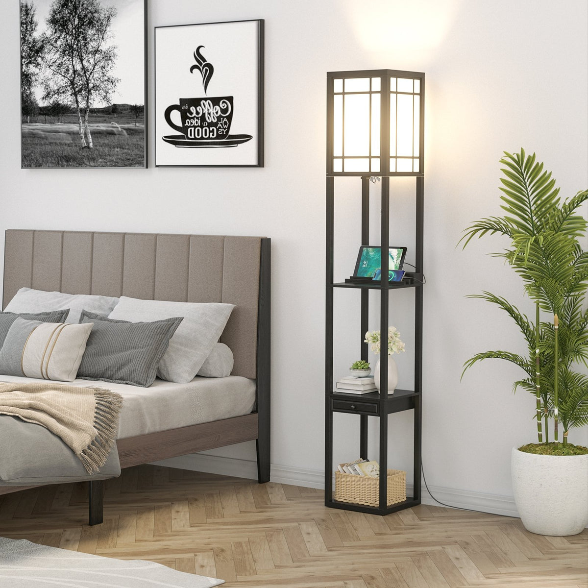 Modern Floor Lamp with Shelves and Drawer view 3