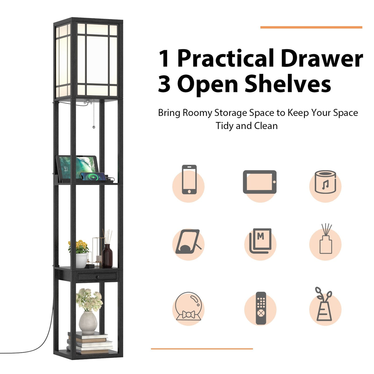 Modern Floor Lamp with Shelves and Drawer view 8
