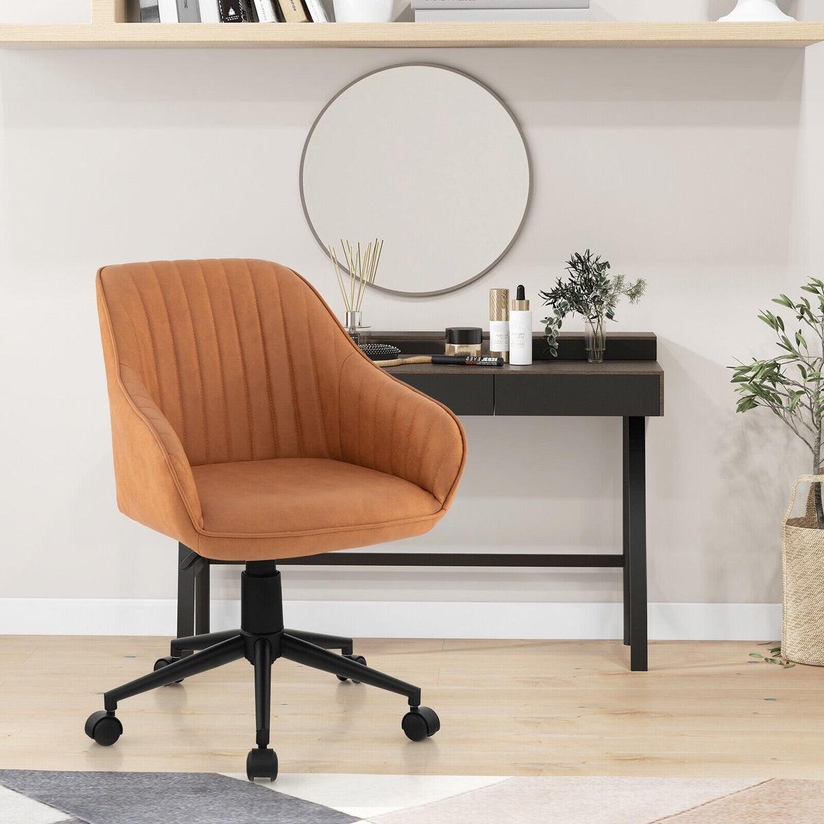 Modern Home Office Chair with Curved Backrest and Comfortable Armrests-Brown view 2