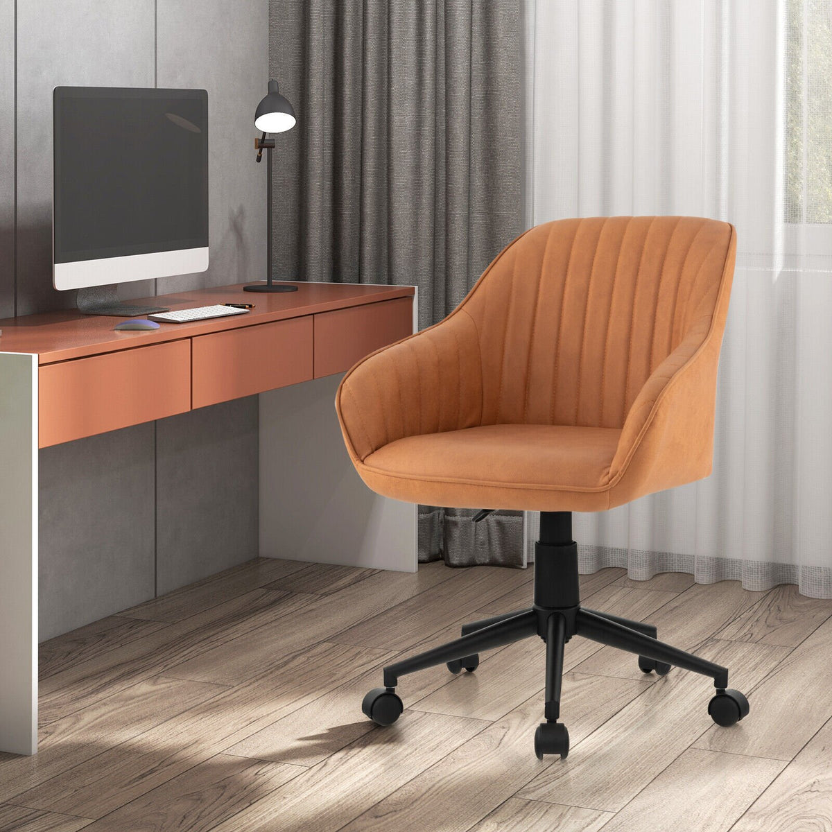 Modern Home Office Chair with Curved Backrest and Comfortable Armrests-Brown view 3
