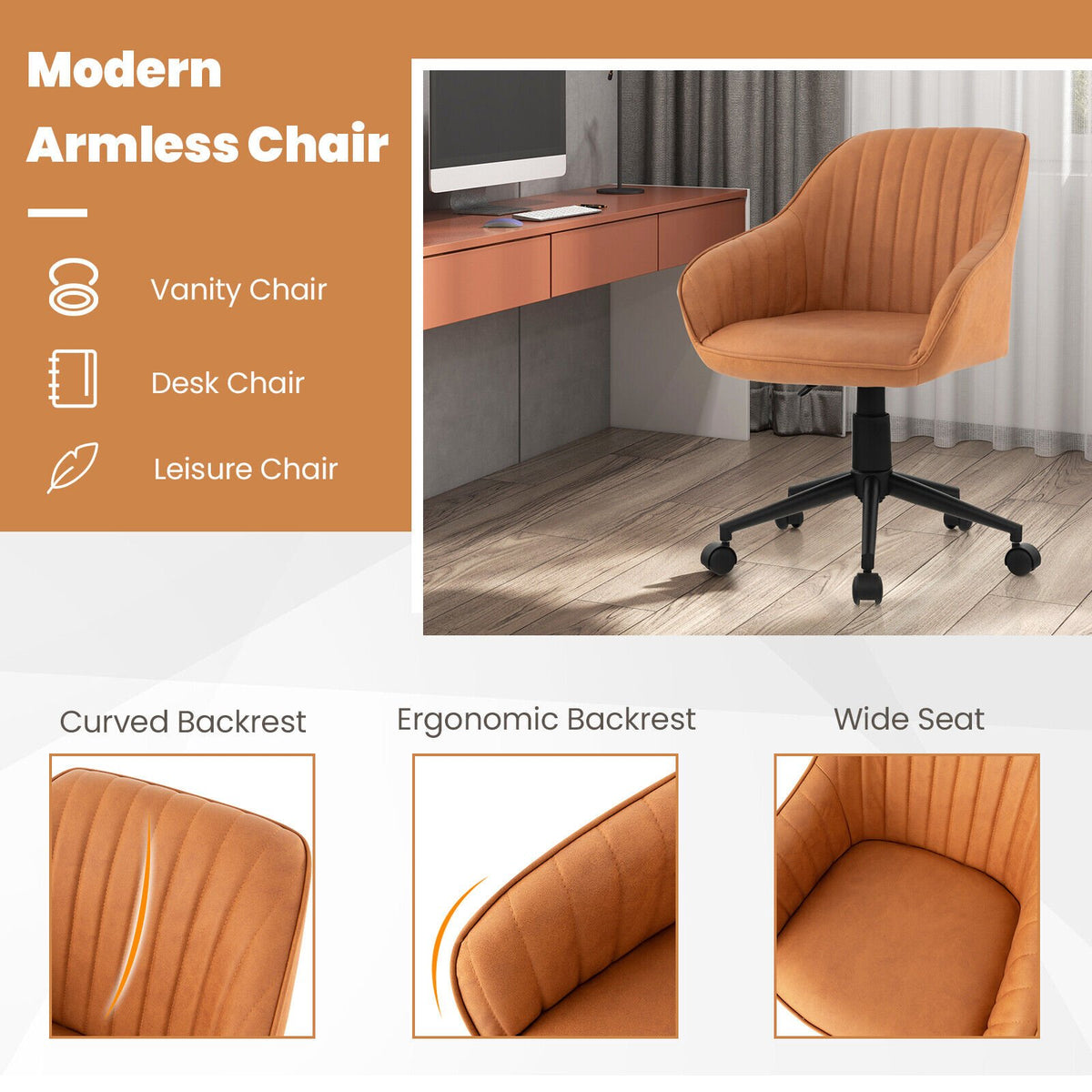 Modern Home Office Chair with Curved Backrest and Comfortable Armrests-Brown view 8