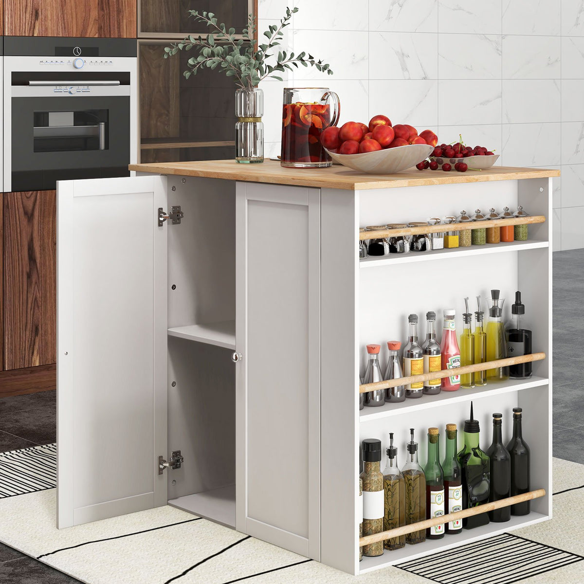Modern Kitchen Island with Rubber Wood Countertop and Storage-White view 3