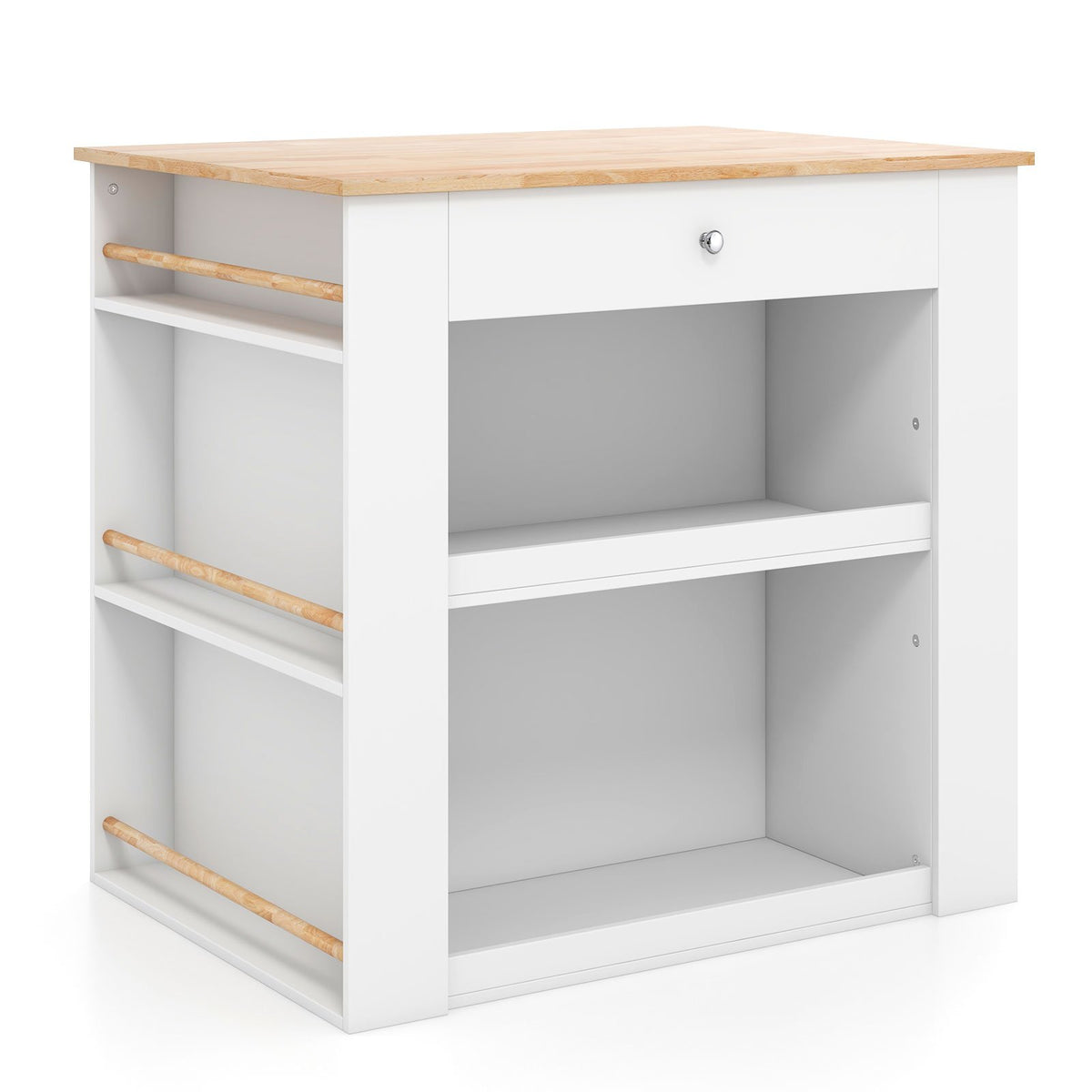 Modern Kitchen Island with Rubber Wood Countertop and Storage-White view 4