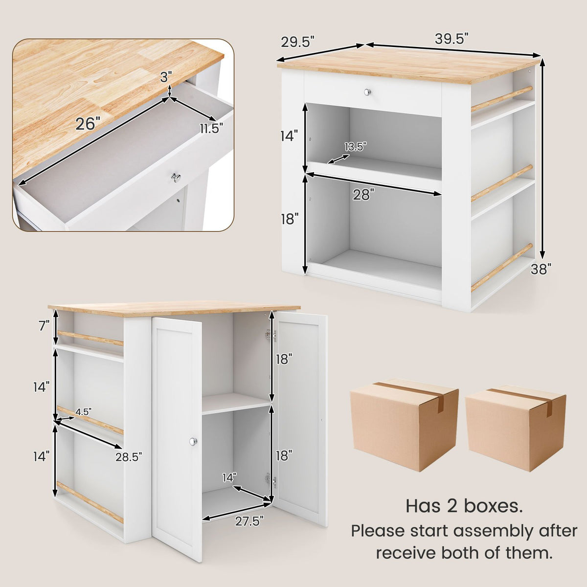 Modern Kitchen Island with Rubber Wood Countertop and Storage-White view 5