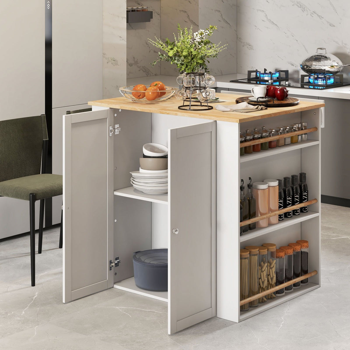 Modern Kitchen Island with Rubber Wood Countertop and Storage-White view 6