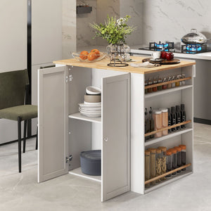 Modern Kitchen Island with Rubber Wood Countertop and Storage-White view 6