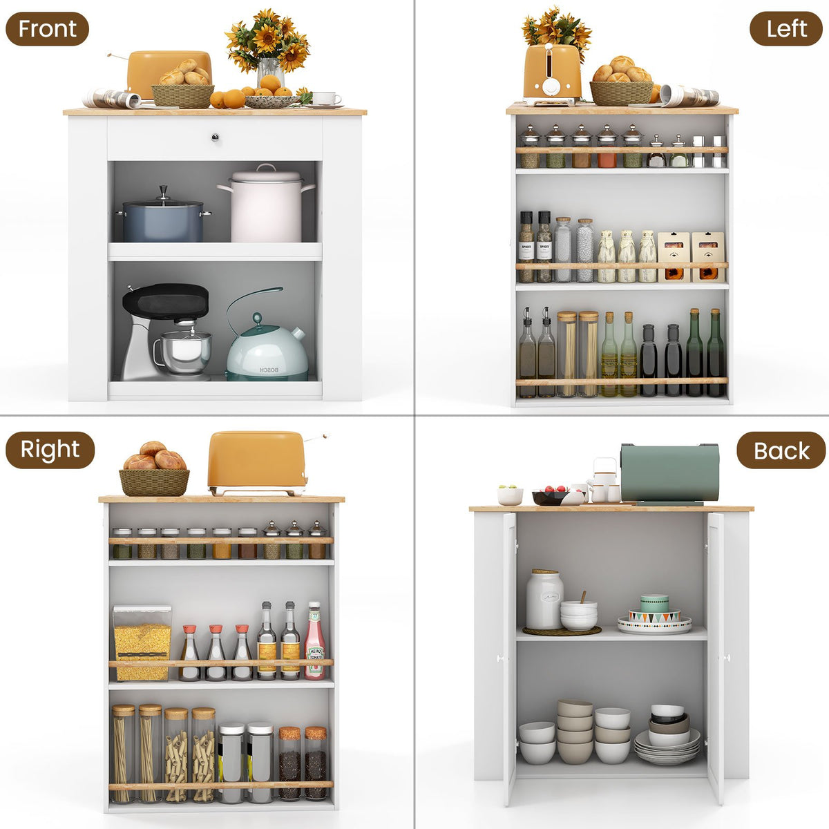 Modern Kitchen Island with Rubber Wood Countertop and Storage-White view 7