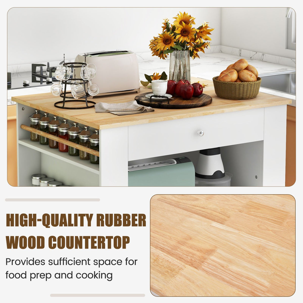 Modern Kitchen Island with Rubber Wood Countertop and Storage-White view 9