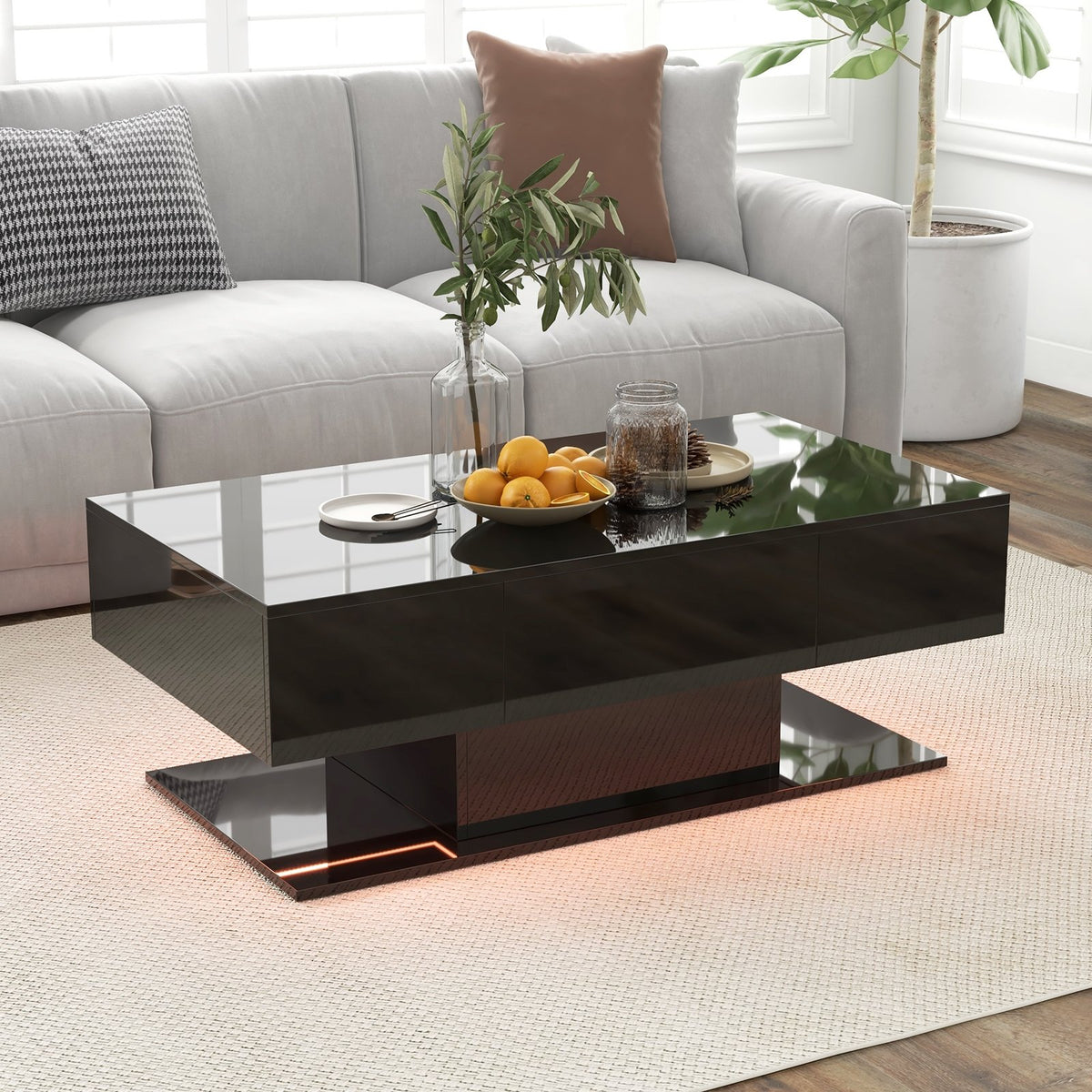 Modern LED Coffee Table with 20 Color LED Lights and 2 Storage Drawers-Black view 3