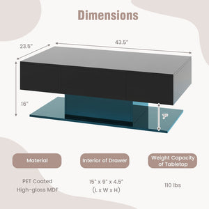 Modern LED Coffee Table with 20 Color LED Lights and 2 Storage Drawers-Black view 5