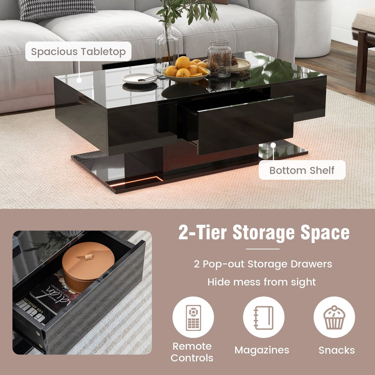 Modern LED Coffee Table with 20 Color LED Lights and 2 Storage Drawers-Black view 8