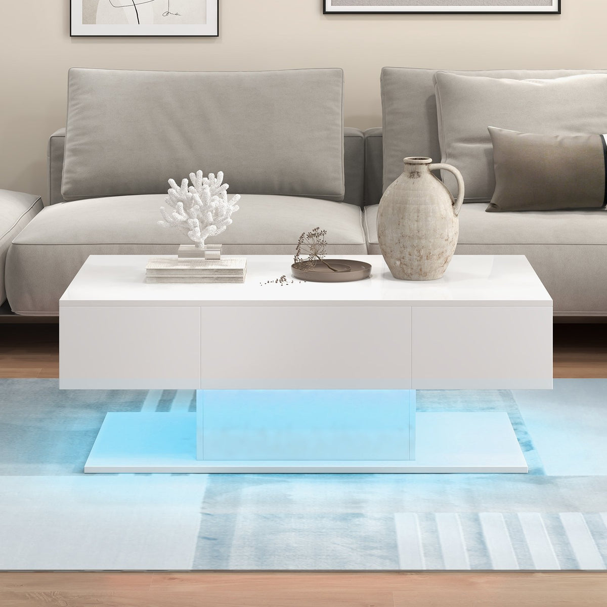 Modern LED Coffee Table with 20 Color LED Lights and 2 Storage Drawers-White view 3
