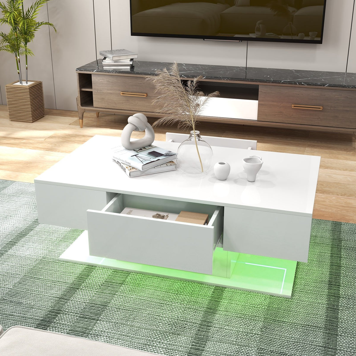 Modern LED Coffee Table with 20 Color LED Lights and 2 Storage Drawers-White view 6