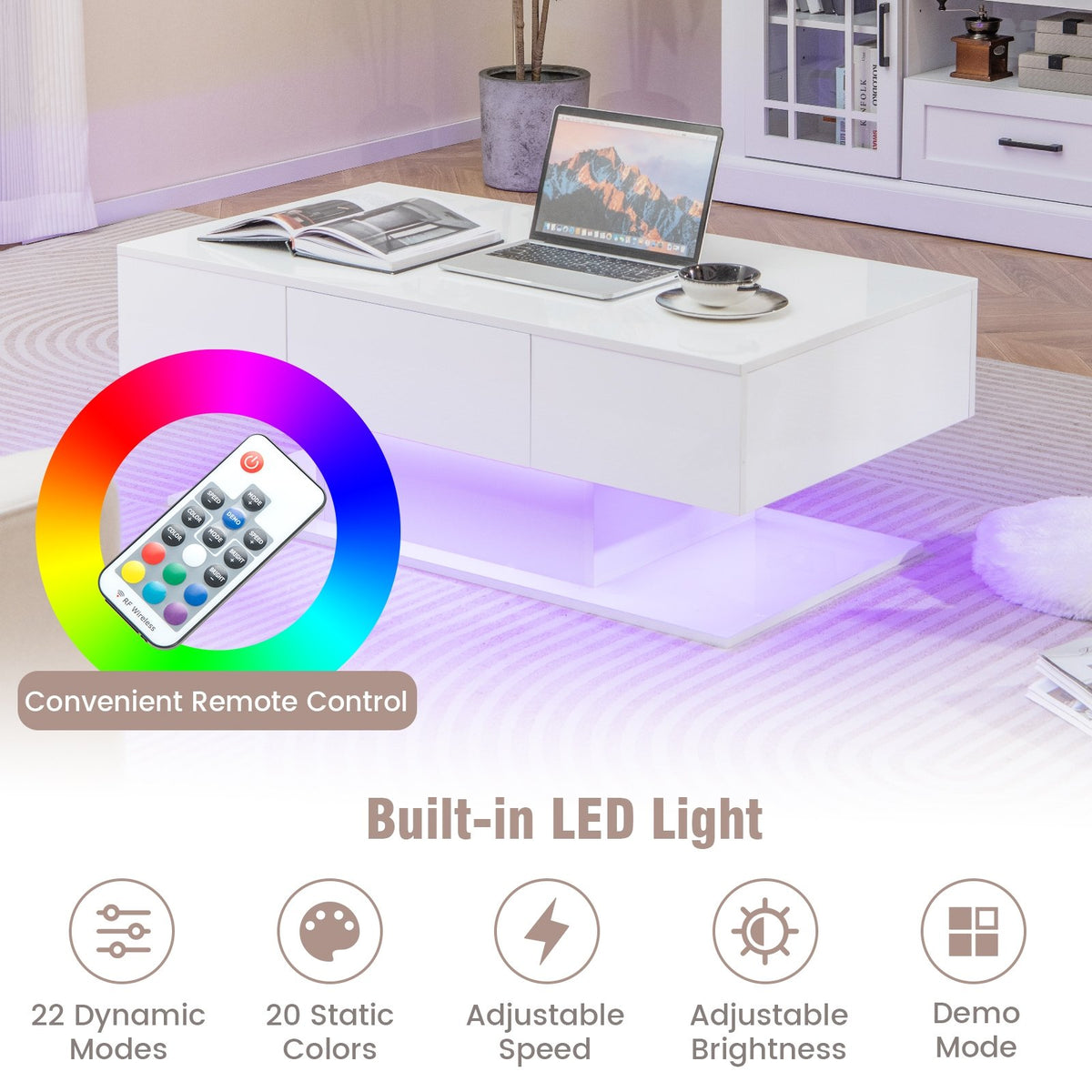 Modern LED Coffee Table with 20 Color LED Lights and 2 Storage Drawers-White view 7
