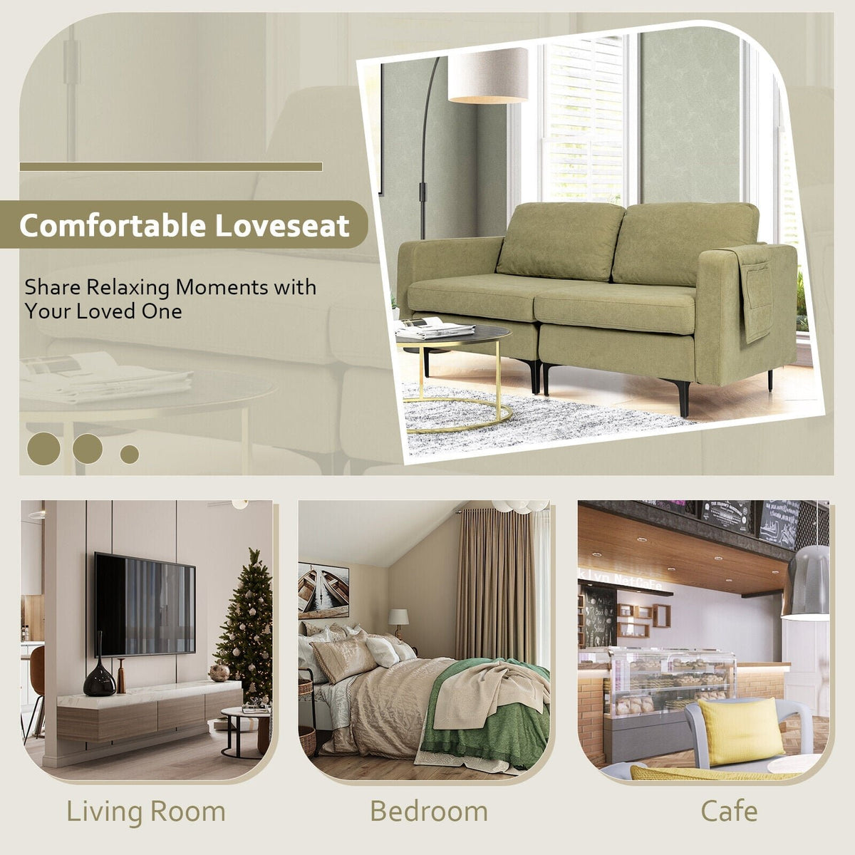 Modern Loveseat Sofa Couch with Side Storage Pocket and Sponged Padded Seat Cushions-Green view 3
