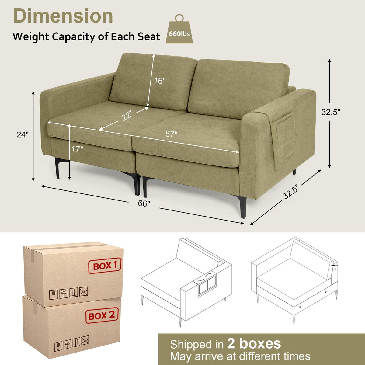 Modern Loveseat Sofa Couch with Side Storage Pocket and Sponged Padded Seat Cushions-Green view 4