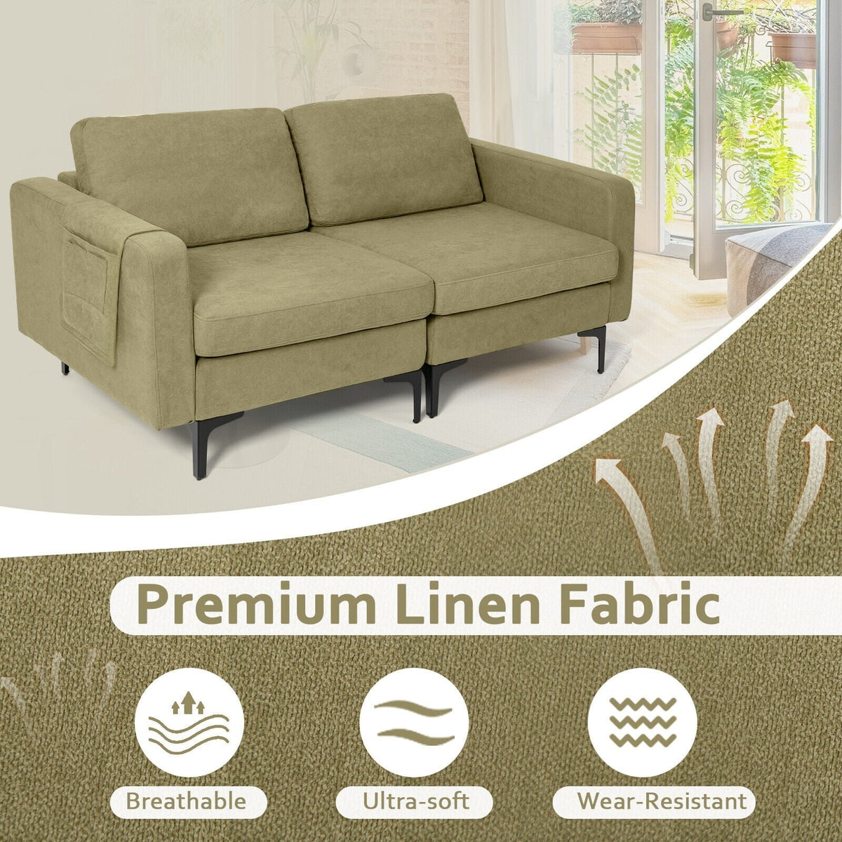 Modern Loveseat Sofa Couch with Side Storage Pocket and Sponged Padded Seat Cushions-Green view 5
