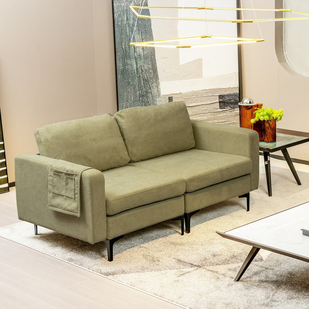 Modern Loveseat Sofa Couch with Side Storage Pocket and Sponged Padded Seat Cushions-Green view 6