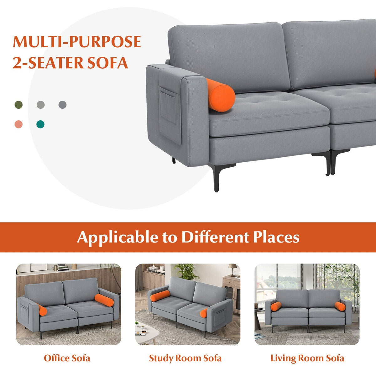 Modern Loveseat Sofa with 2 Bolsters and Side Storage Pocket-Gray view 3
