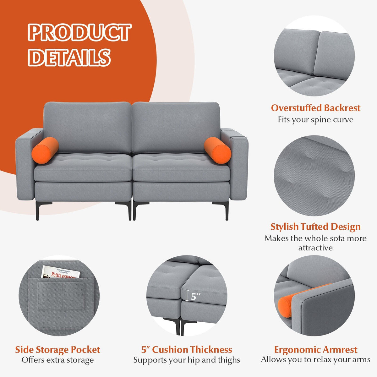 Modern Loveseat Sofa with 2 Bolsters and Side Storage Pocket-Gray view 5