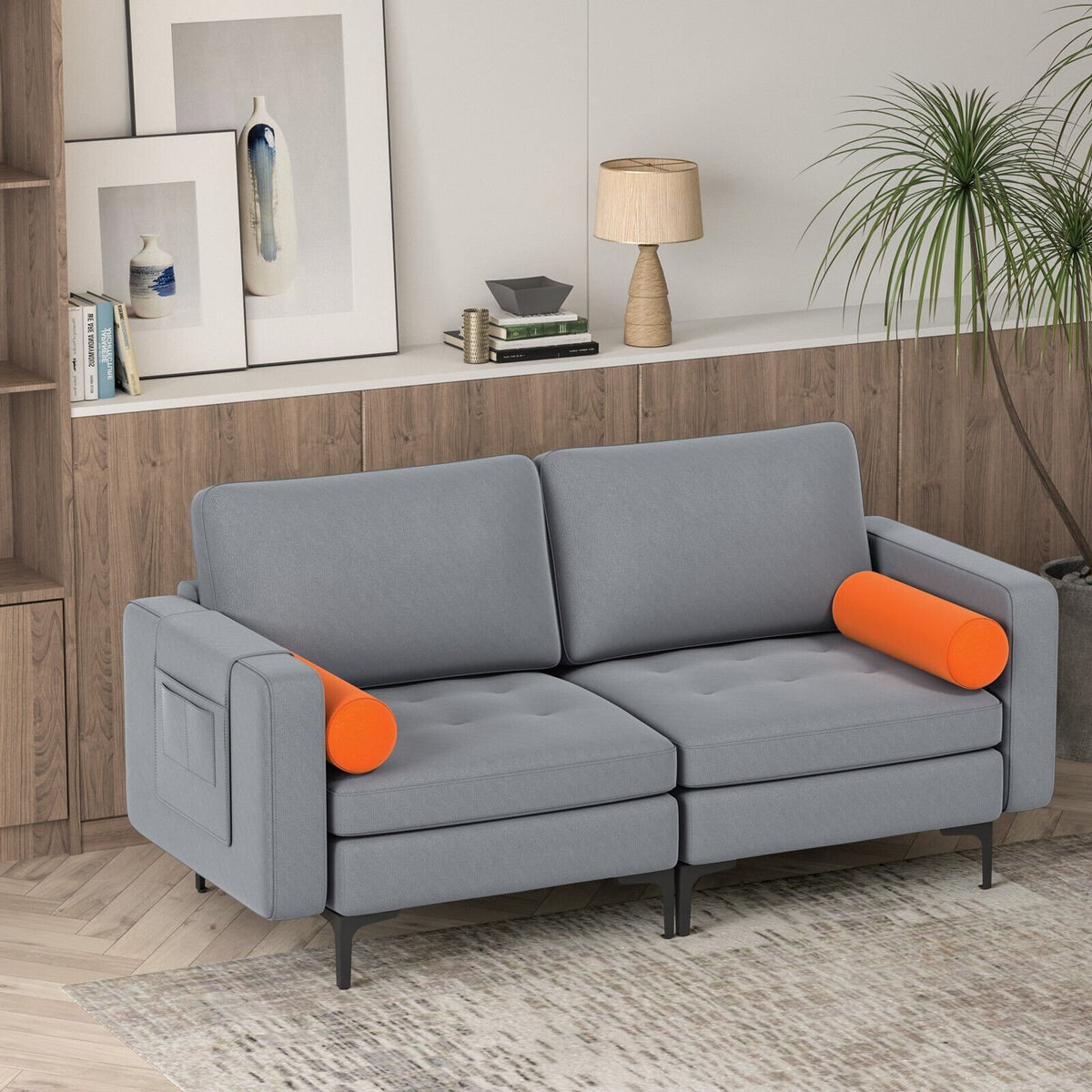 Modern Loveseat Sofa with 2 Bolsters and Side Storage Pocket-Gray view 7