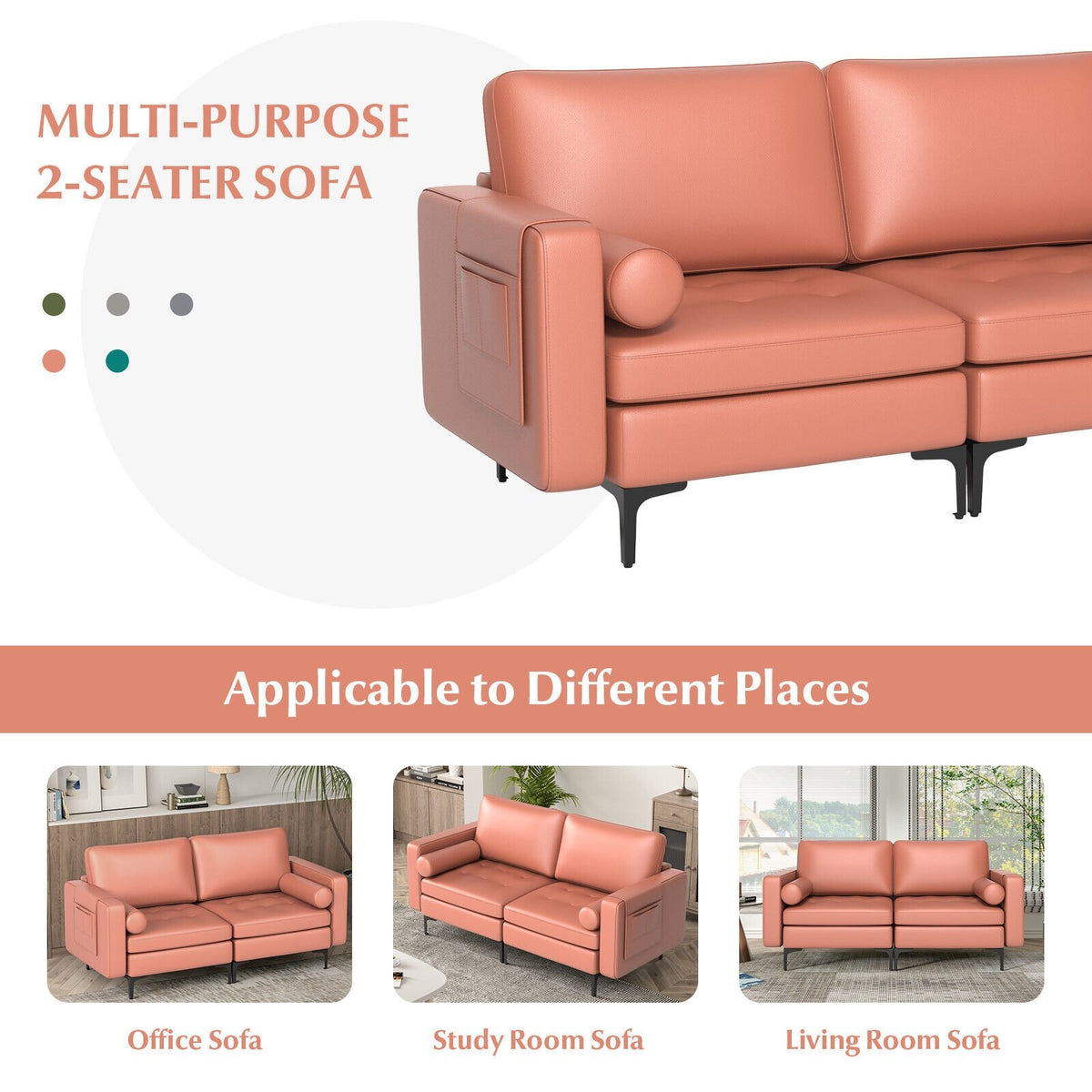 Modern Loveseat Sofa with 2 Bolsters and Side Storage Pocket-Pink view 3