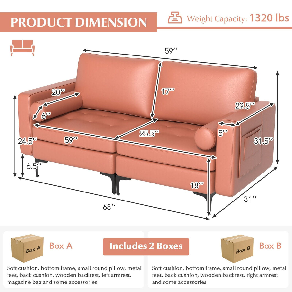 Modern Loveseat Sofa with 2 Bolsters and Side Storage Pocket-Pink view 4