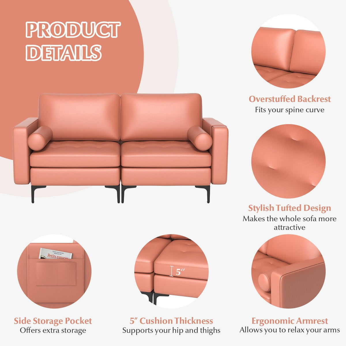 Modern Loveseat Sofa with 2 Bolsters and Side Storage Pocket-Pink view 5
