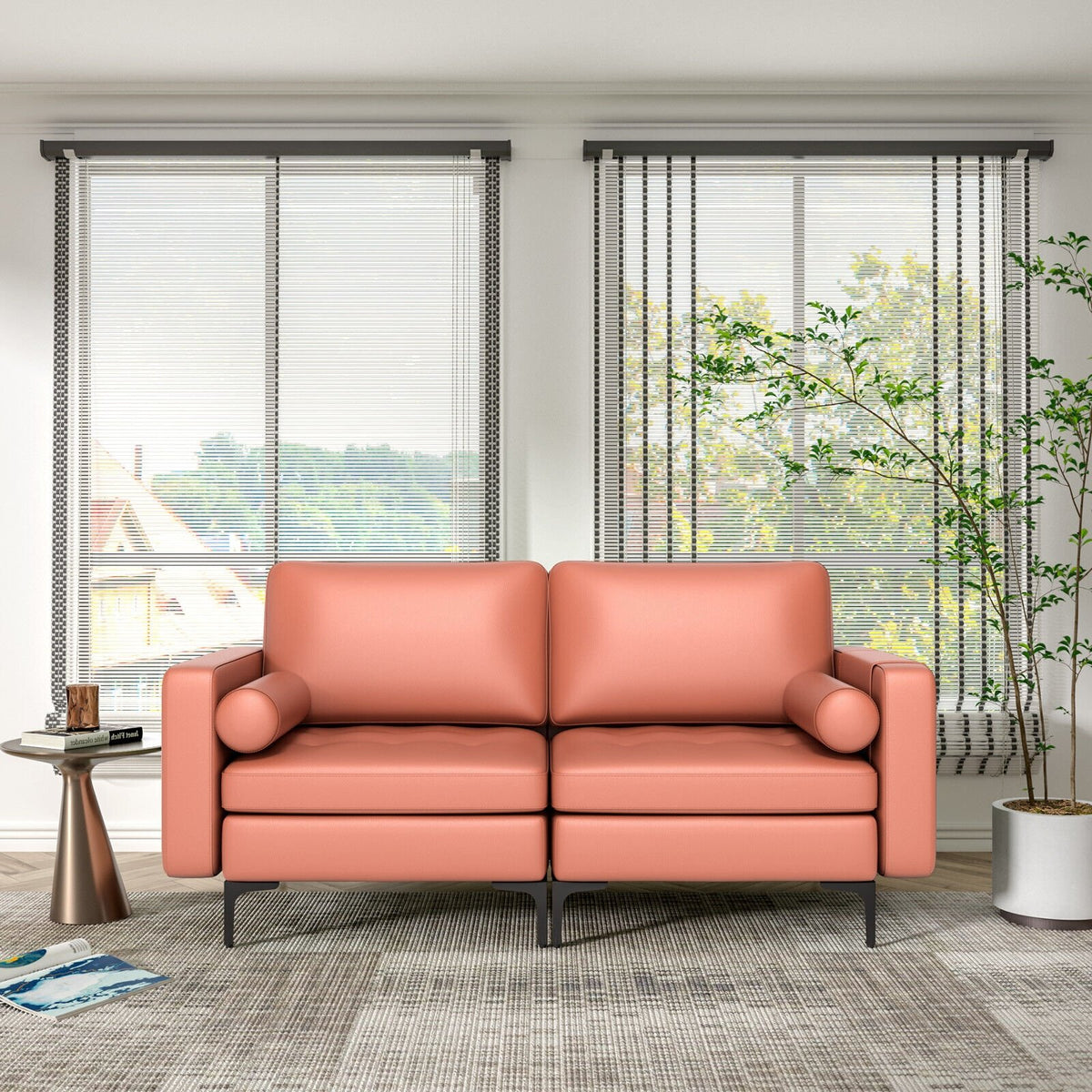 Modern Loveseat Sofa with 2 Bolsters and Side Storage Pocket-Pink view 6