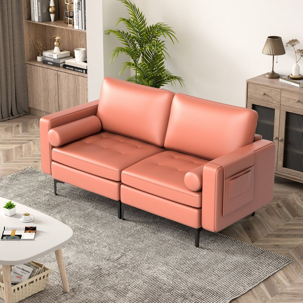 Modern Loveseat Sofa with 2 Bolsters and Side Storage Pocket-Pink view 7