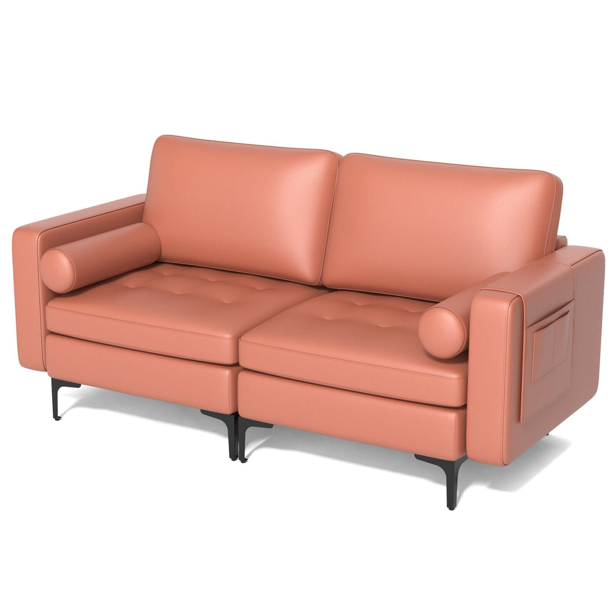 Modern Loveseat Sofa with 2 Bolsters and Side Storage Pocket-Pink view 8