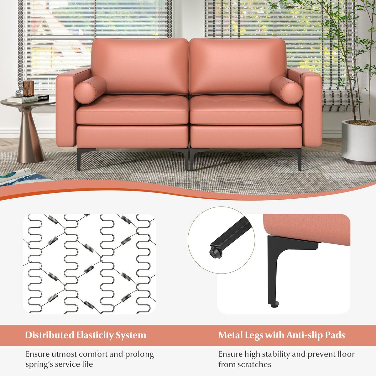 Modern Loveseat Sofa with 2 Bolsters and Side Storage Pocket-Pink view 9