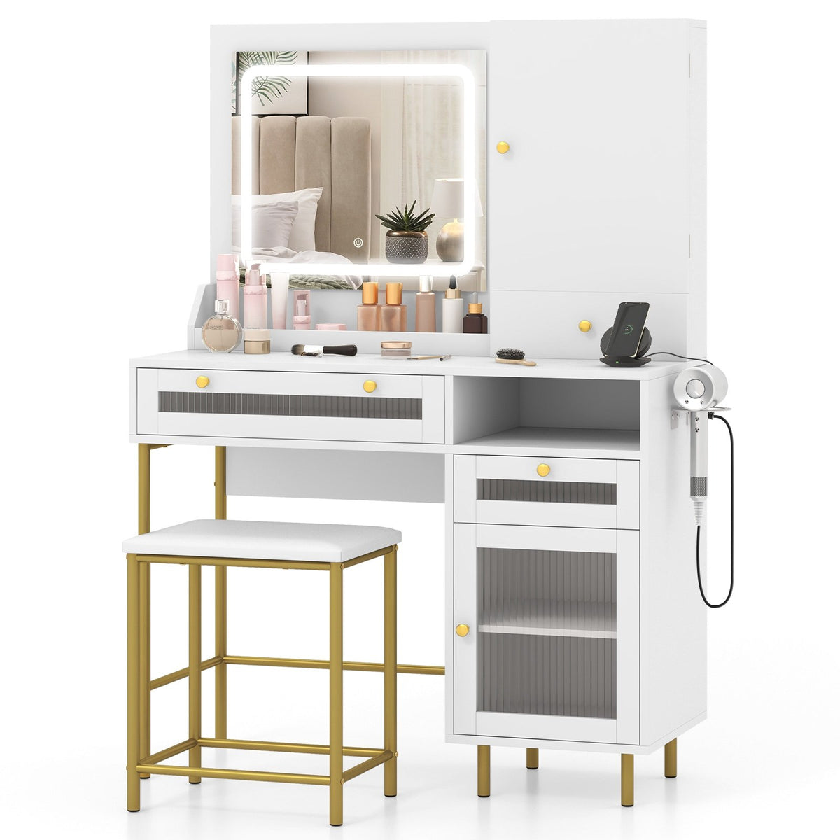 Modern Makeup Vanity Desk with Mirror and Lights and Stool Set-White