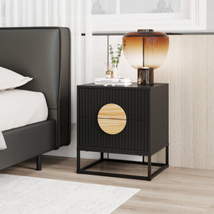 Modern Mid Century Fluted Nightstand with 2 Drawers and Pine Wood Handles for Bedroom-Black view 2