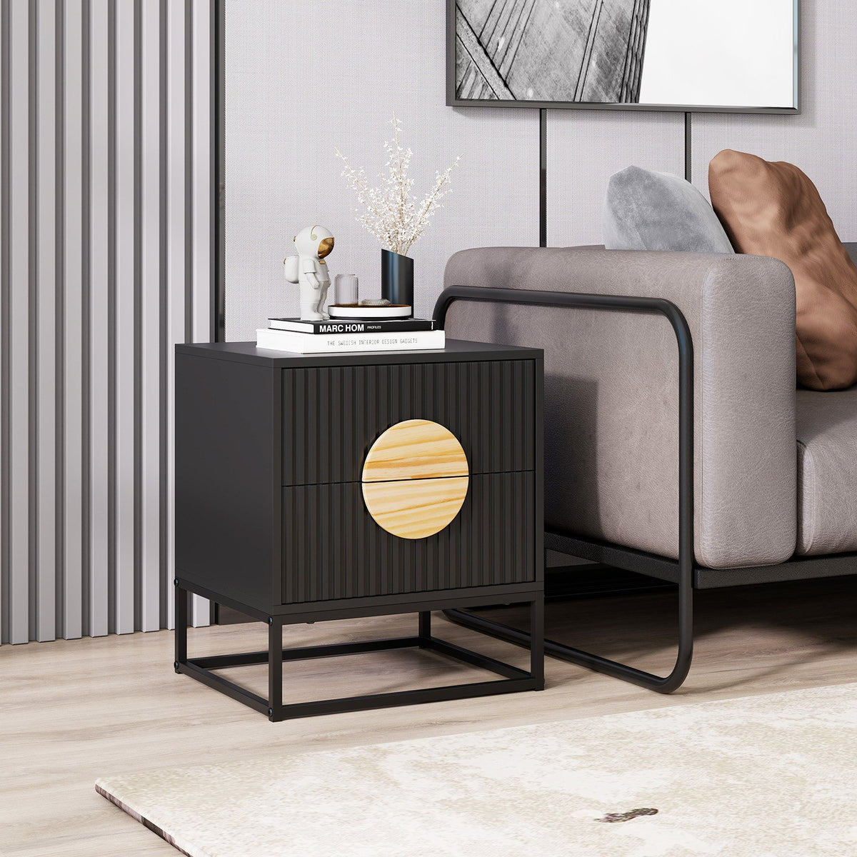 Modern Mid Century Fluted Nightstand with 2 Drawers and Pine Wood Handles for Bedroom-Black view 3