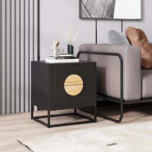 Modern Mid Century Fluted Nightstand with 2 Drawers and Pine Wood Handles for Bedroom-Black view 3