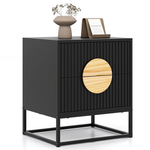Modern Mid Century Fluted Nightstand with 2 Drawers and Pine Wood Handles for Bedroom-Black view 4